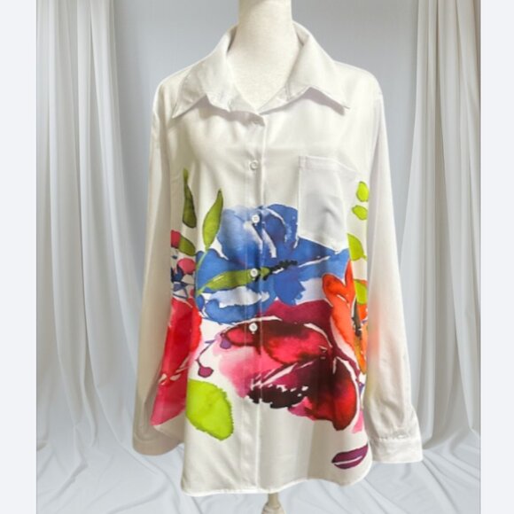 New Women’s White Button-Up Blouse with Colorful Floral Print Size XL - Picture 1 of 5
